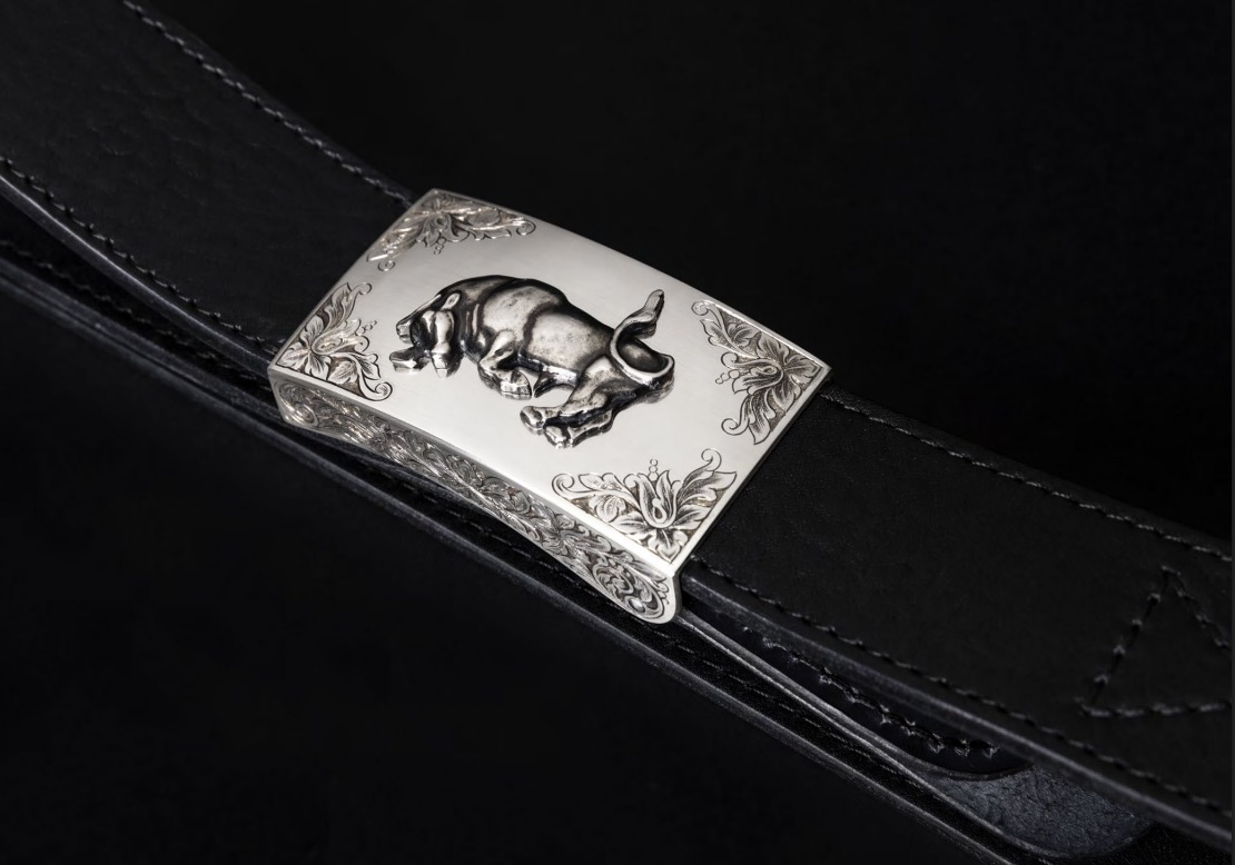 Koppelschloß Sterling Silber 925/000 / Gravur / Relief / Büffel / Riemenbreite 40mm — Koppelgürtel